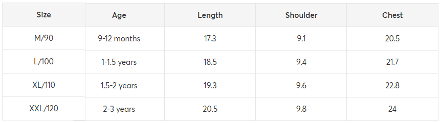 Size Chart Inches